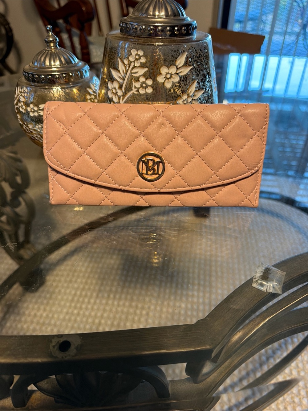 Badgley Mischka Quilted Blush Pink Wallet with Gold Logo